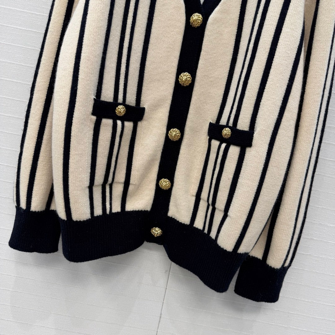 Chanel Vertical-striped Cashmere and wool V-neck Cardigan