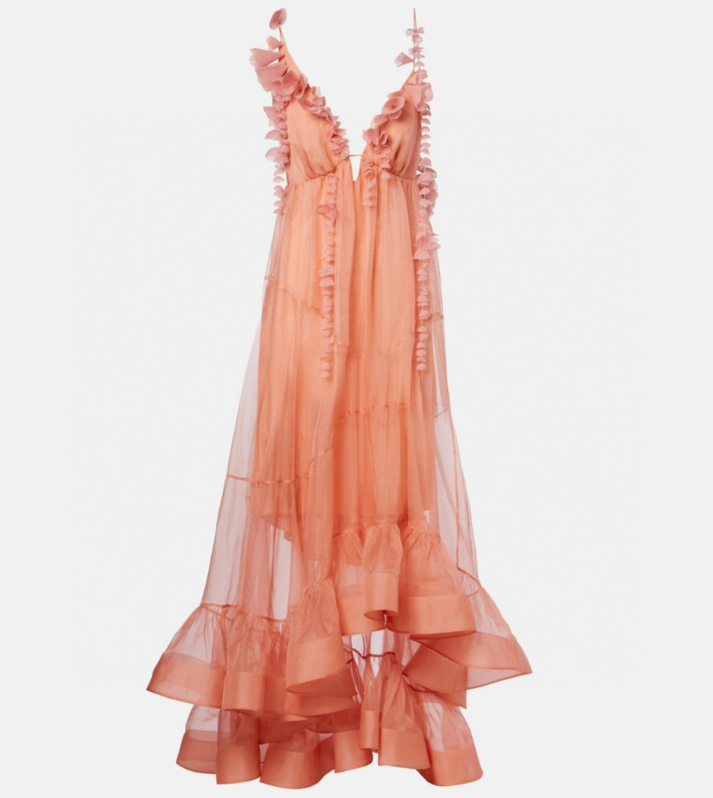 Zimmermann Como Floral-Applique Silk Maxi Dress in Pink