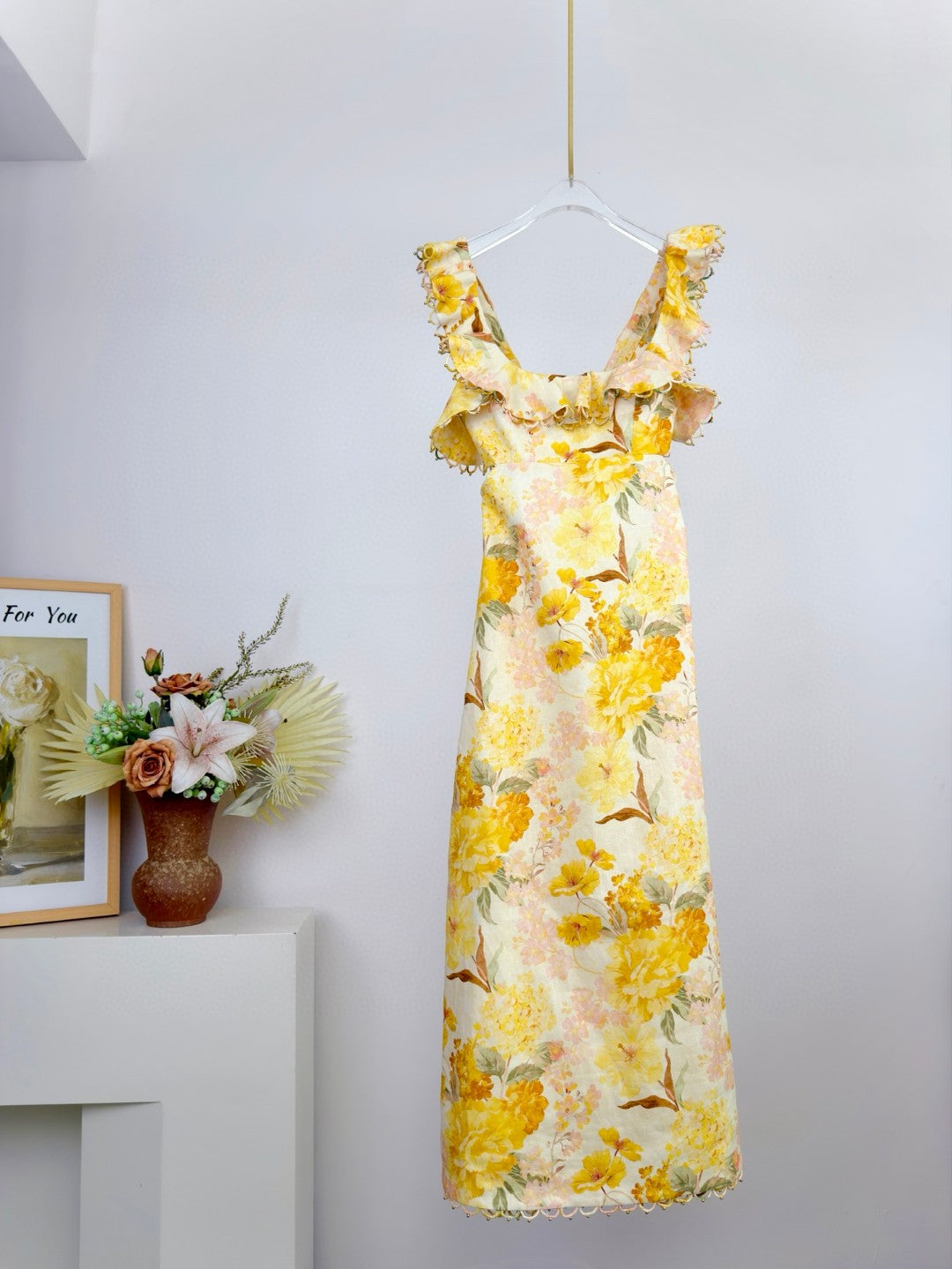 Zimmermann Como Floral Ruffled Linen Midi Dress