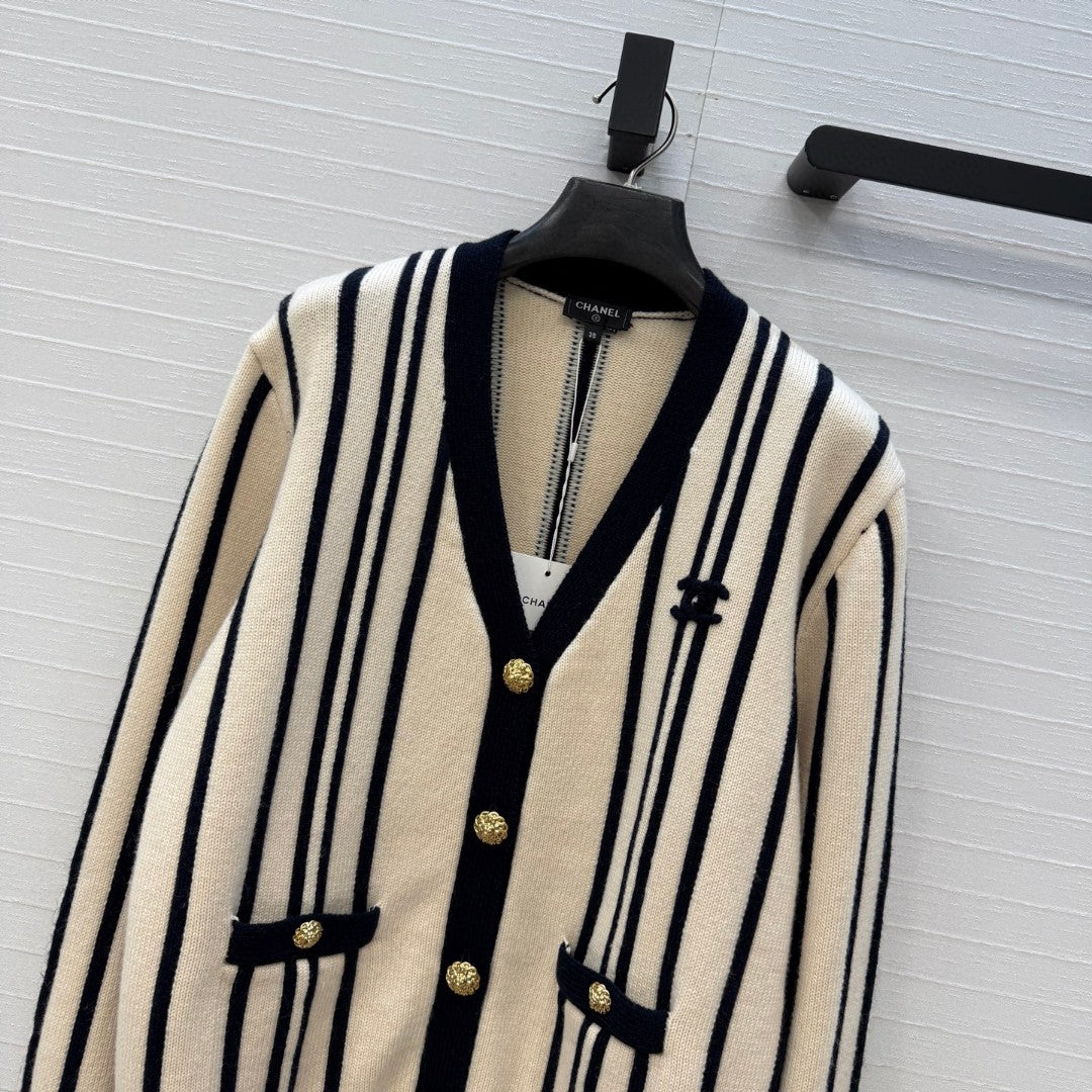 Chanel Vertical-striped Cashmere and wool V-neck Cardigan