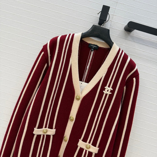 Chanel Vertical-striped Cashmere and wool V-neck Cardigan