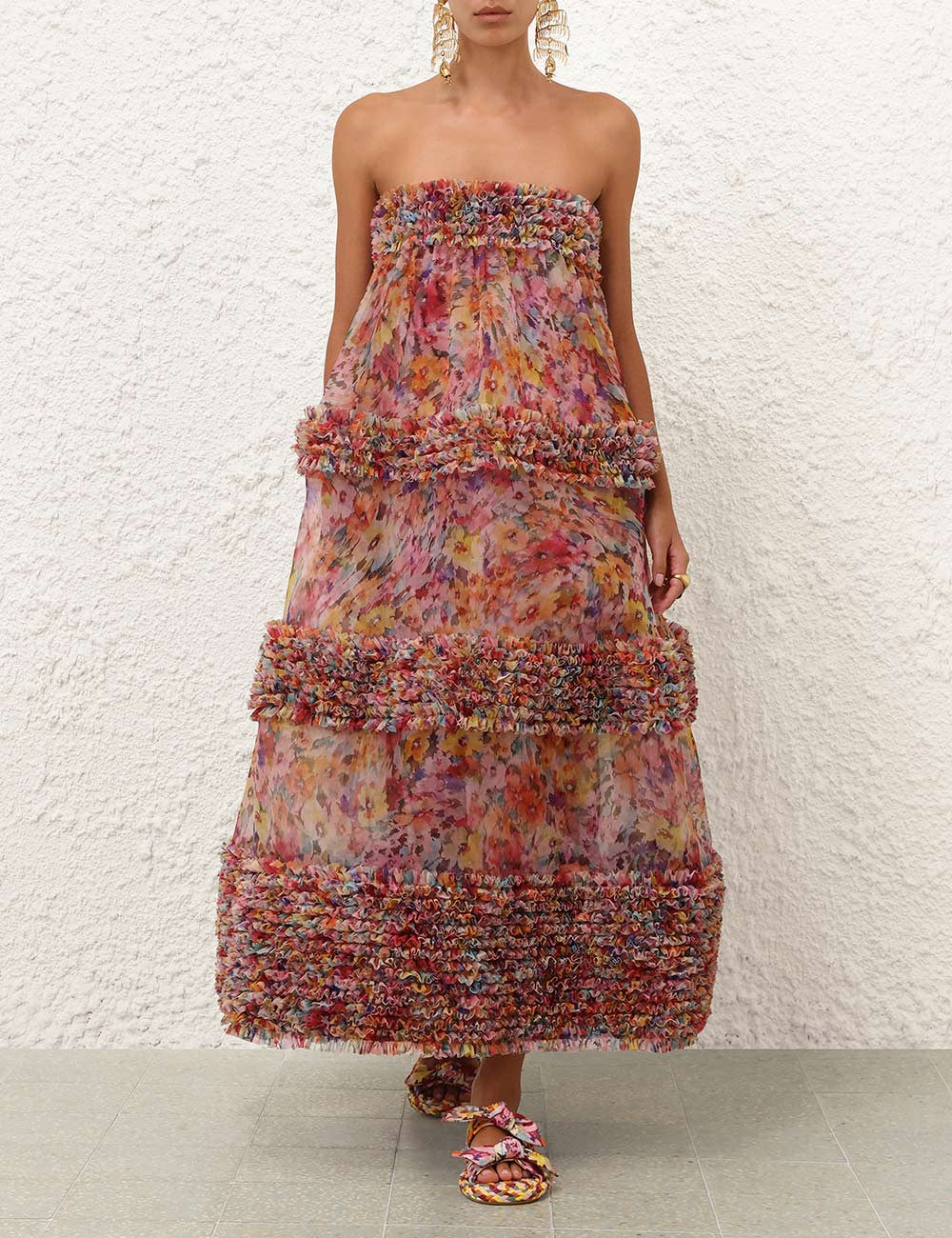 Zimmermann Luna Ruffle Bandeau Gown in Multi Floral