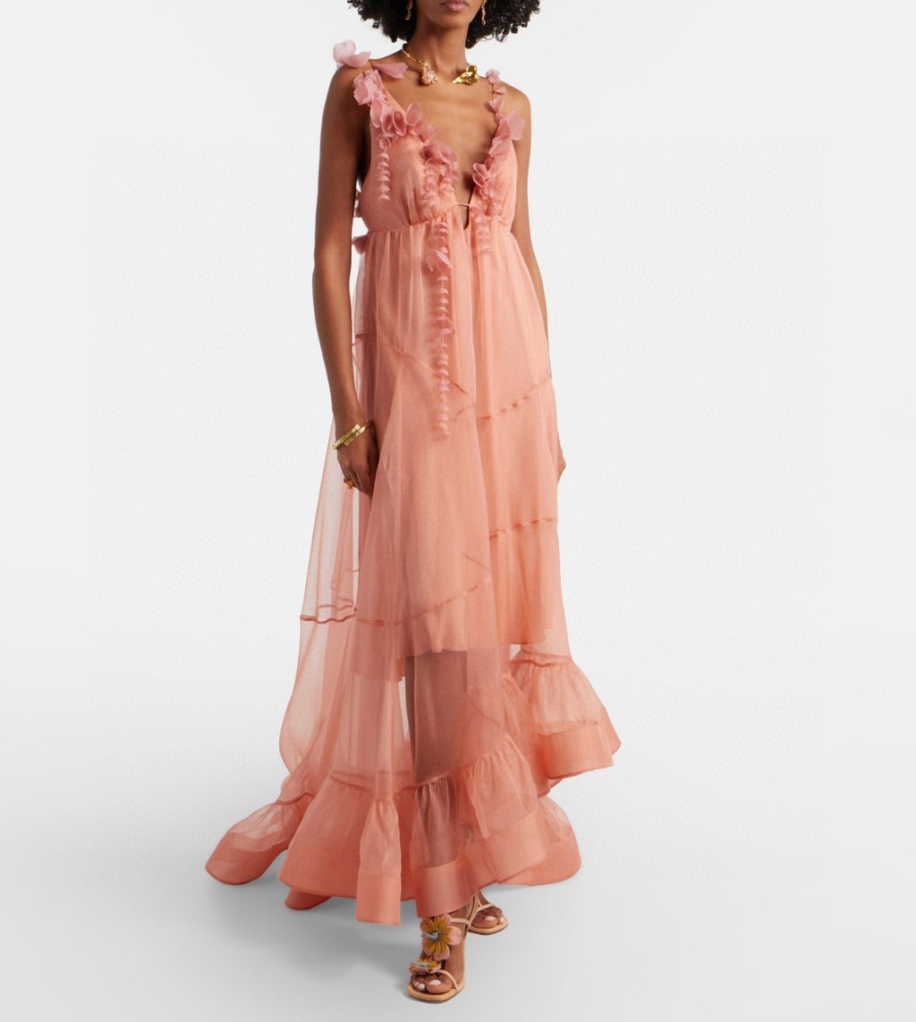 Zimmermann Como Floral-Applique Silk Maxi Dress in Pink