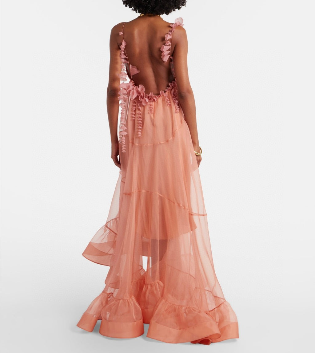 Zimmermann Como Floral-Applique Silk Maxi Dress in Pink