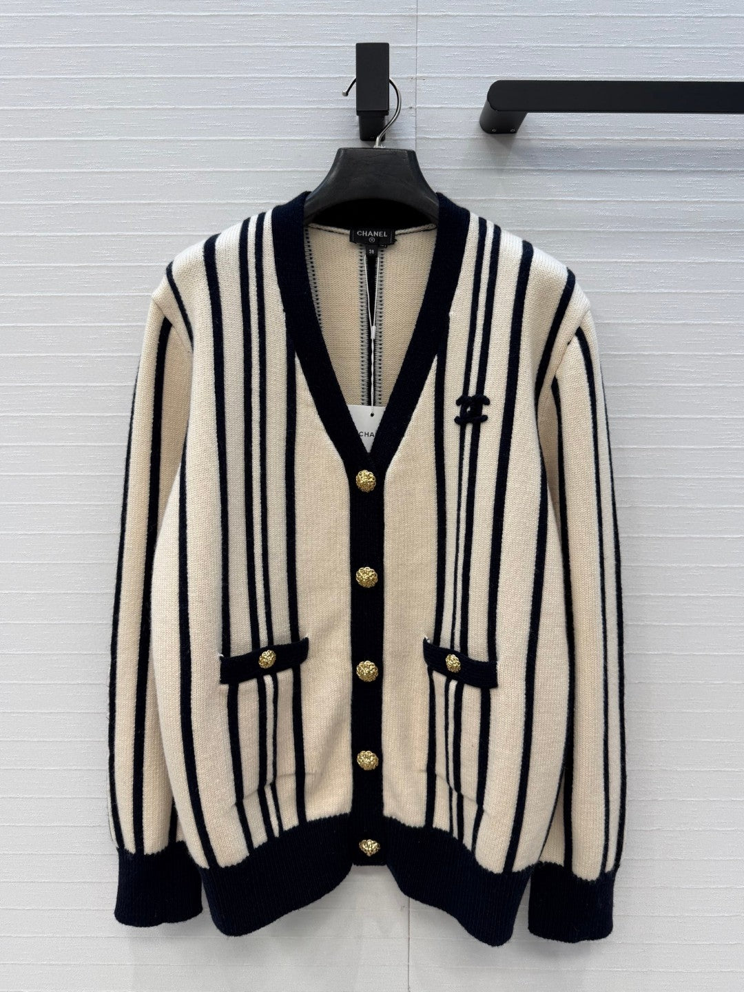 Chanel Vertical-striped Cashmere and wool V-neck Cardigan