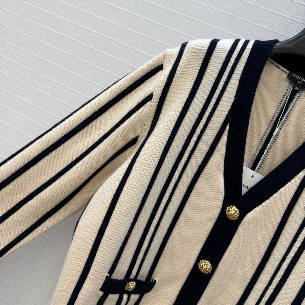 Chanel Vertical-striped Cashmere and wool V-neck Cardigan